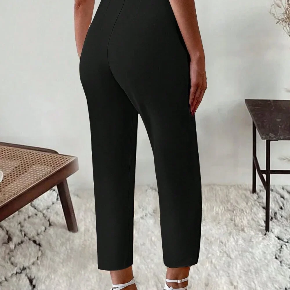 Black Casual Women's Elegant Pleated Side Pocket Skinny Pants